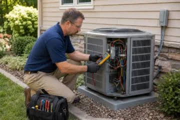Technician troubleshooting the open service panel of an outdoor air conditioner